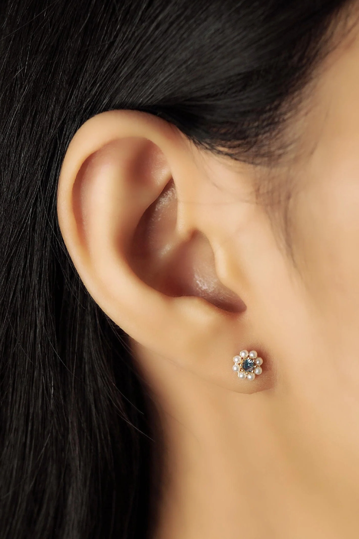 Pearl Flower Studs with Blue Center Stone