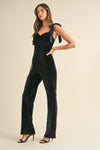 Satin Shoulder Tie Velvet Flare Jumpsuit