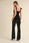 Satin Shoulder Tie Velvet Flare Jumpsuit