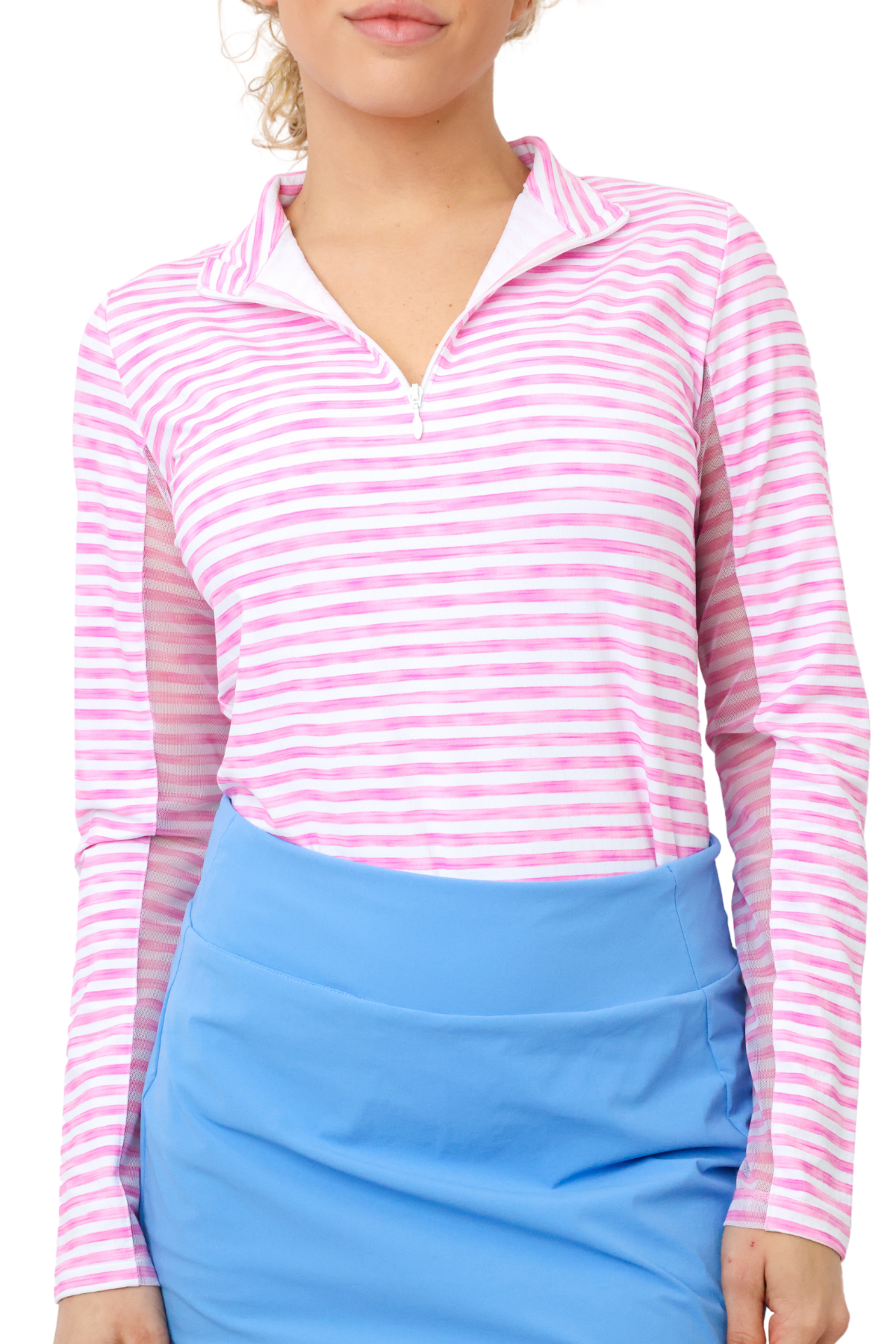 IBKUL Landon Stripe Long Sleeve Zip Mock Top