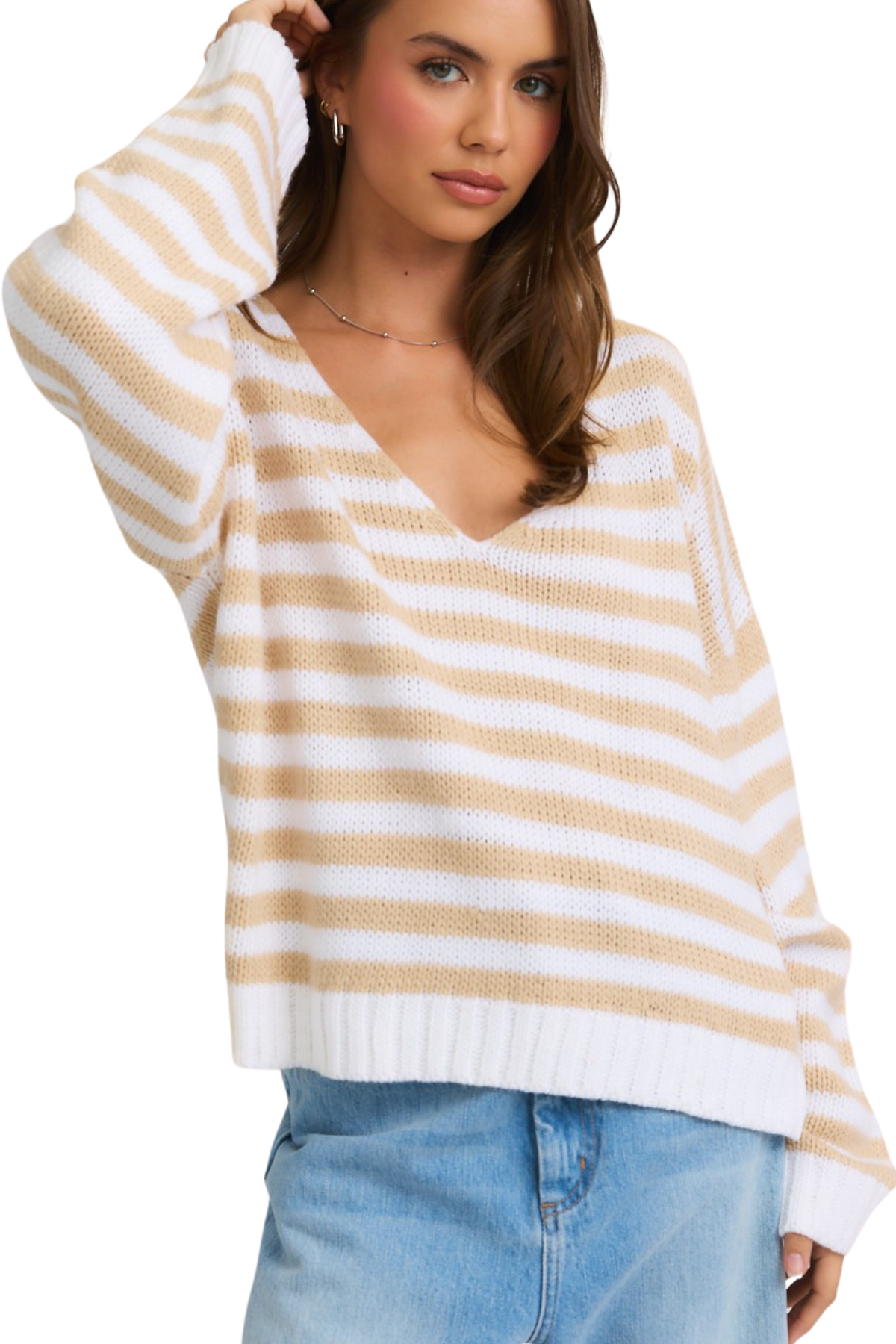 V-Neck Long Sleeve Stripe Sweater Top