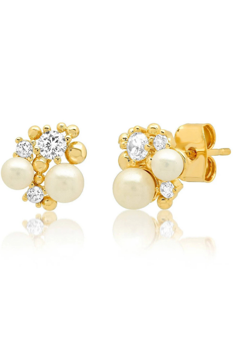 Pearl and CZ Cluster Stud Earrings