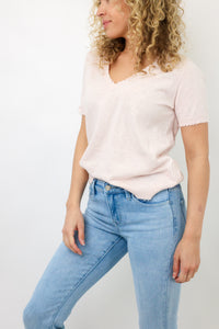 Minnie Rose Cotton Cashmere Frayed V Tee