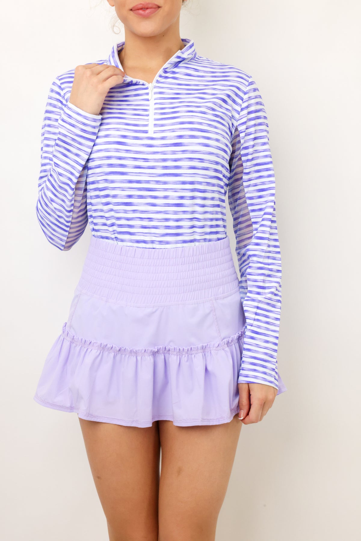 IBKUL Landon Stripe Long Sleeve Zip Mock Top