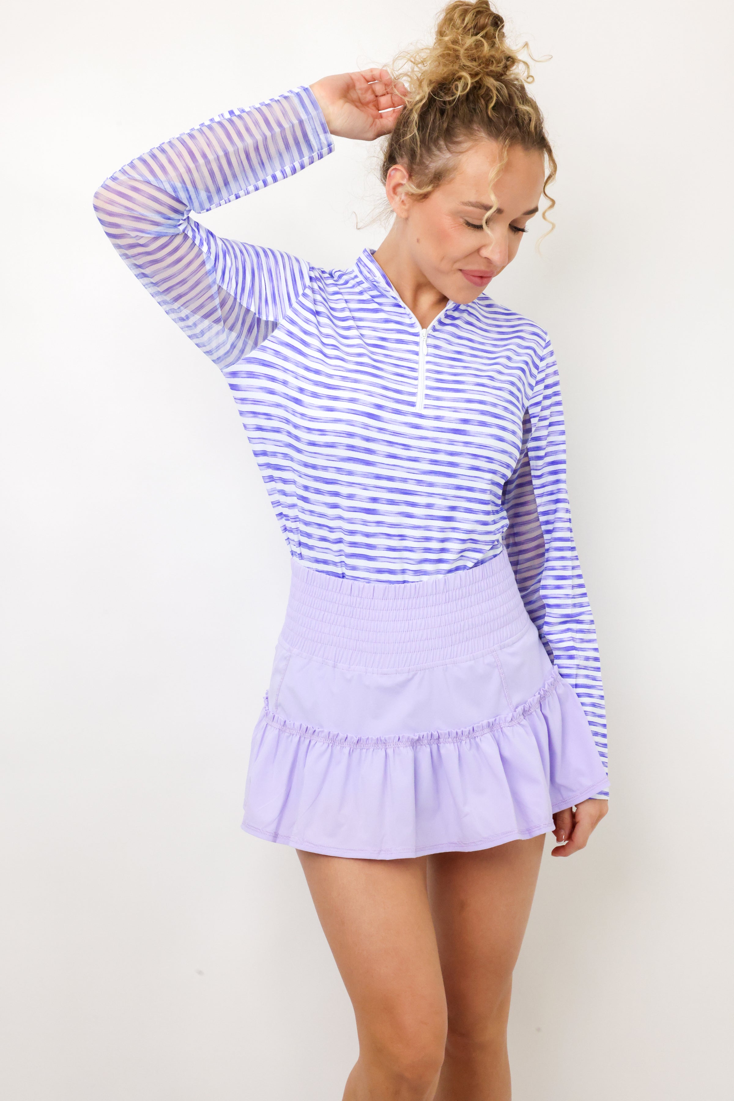 IBKUL Landon Stripe Long Sleeve Zip Mock Top