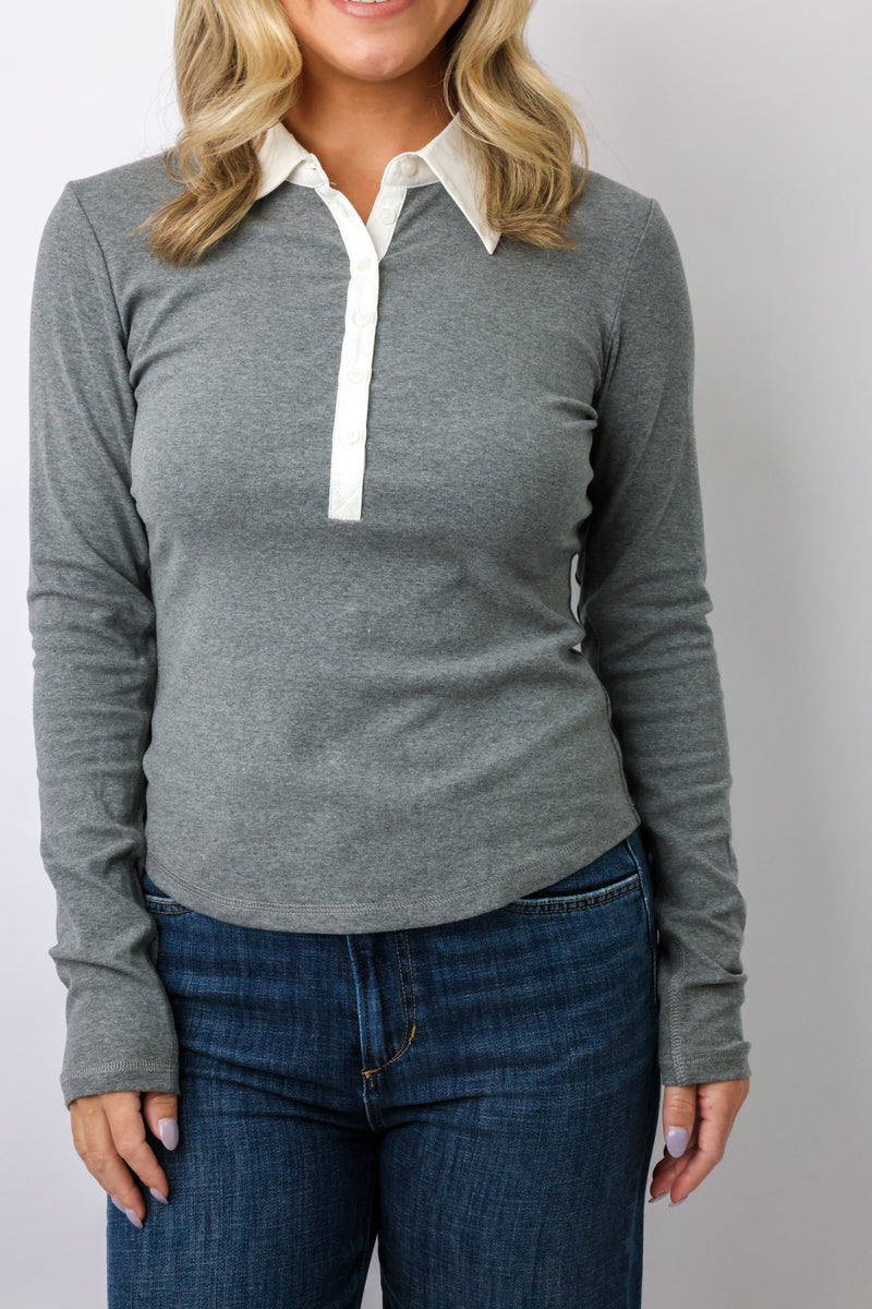 V-Neck Collared Long Sleeve Top