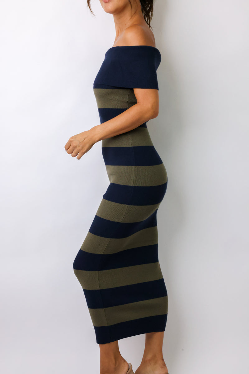 Striped Off Shoulder Sweater Maxi Dress