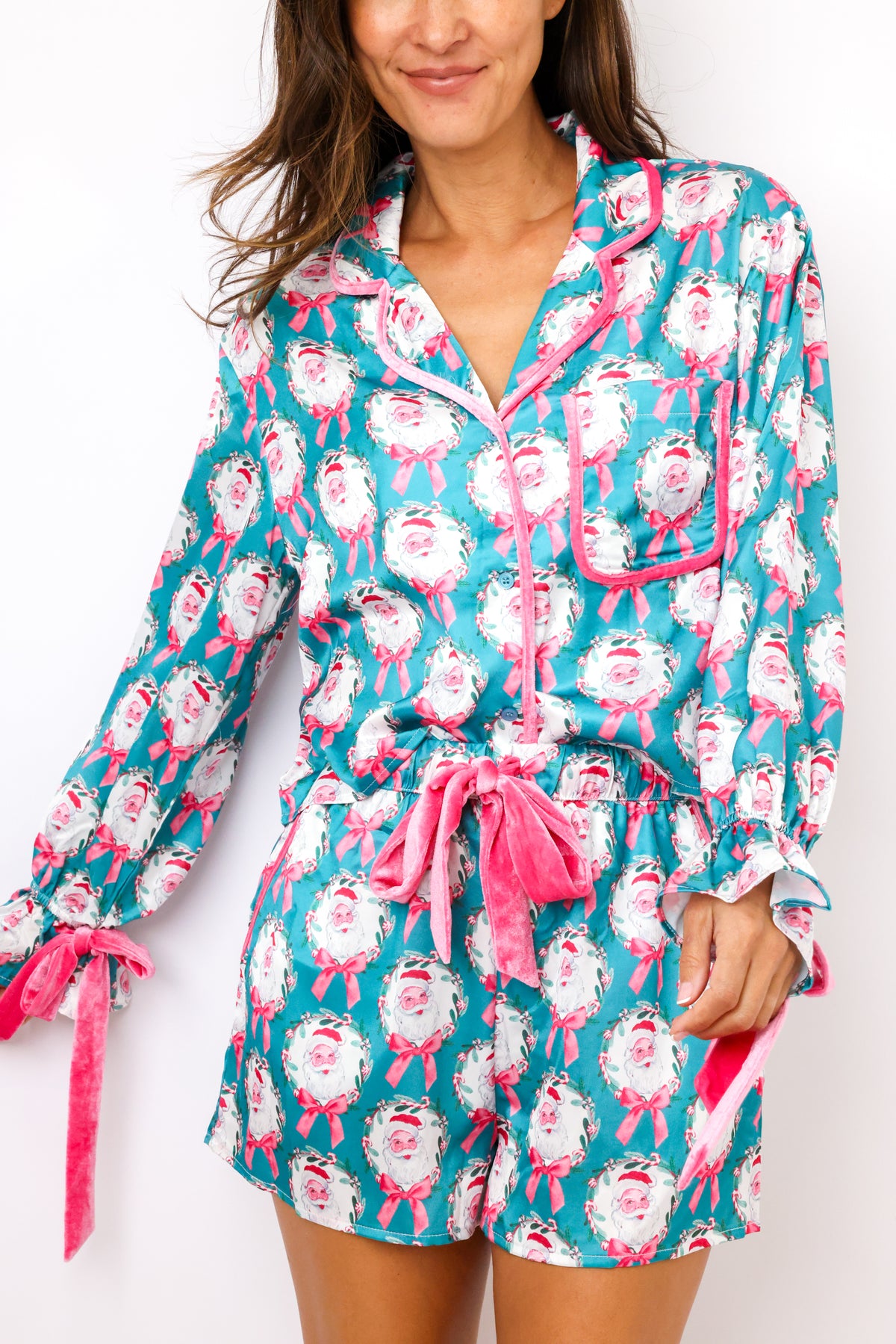 Satin Santa & Bow Prints Pajama Top